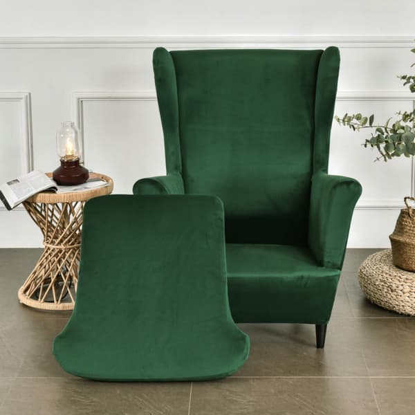 Betræk til stol med wingback, elastisk velour, XL, grøn, universalsæde