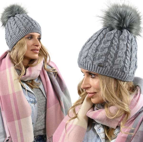 VARM damvintermössa med pompom, fleecefodrad beanie grå UNI