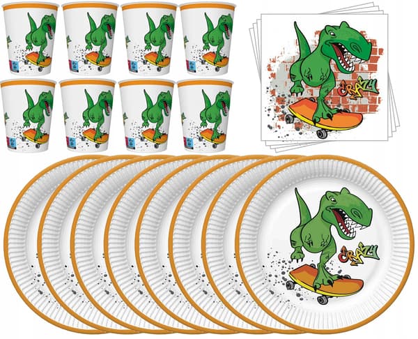Sæt med tallerkener, kopper, servietter, DINOSAUR