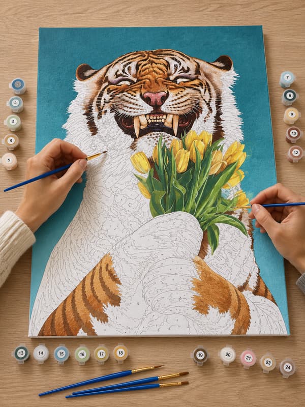 Målning med siffror med ram tiger med blommor 40x50 cm
