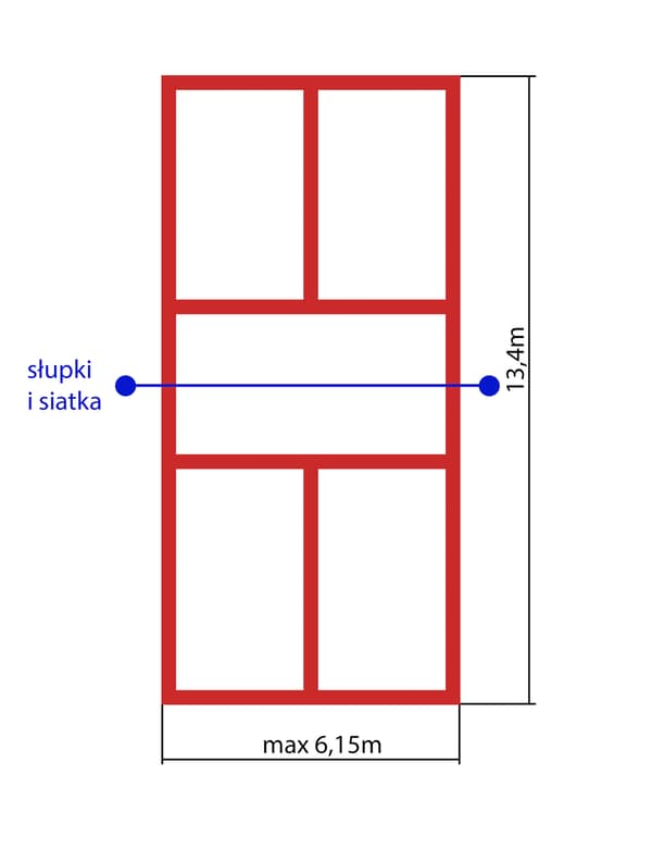 Badmintonracketset, stålstolpar, vitt nät, röda linjer