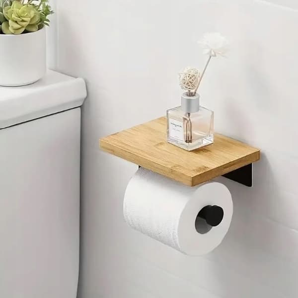 Toiletpapirholder Krog Sort Loft med bambushylde selvklæbende