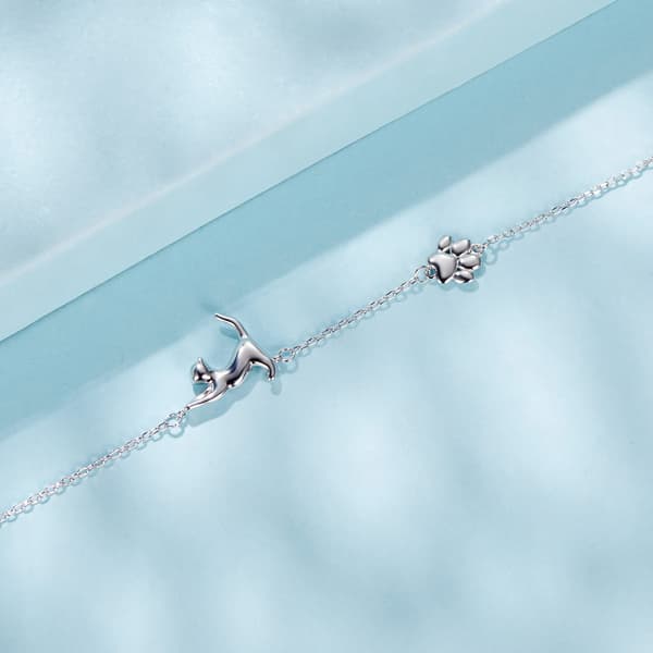 Silverarmband med söt katt och tass, 925 silver
