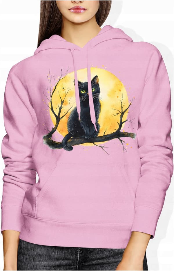 Damesweatshirt med kat og dyr, KAT med print, bomuld, sort, størrelse M