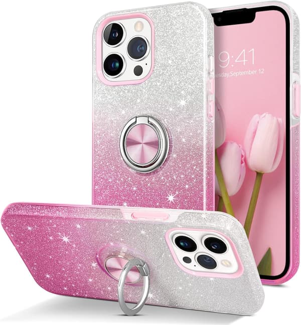 APPLE IPHONE 13 PRO ETUI PINK GLITTER OMBRE RINGSTAND A2483
