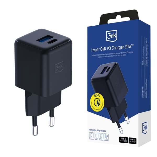 Tilbehør - 3mk Hyper GaN-oplader 20W QC4+ PD PPS USB 1A1C Sort EU