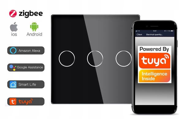 Touch-brytare SVART 3-krets ZigBee TUYA RTX SH