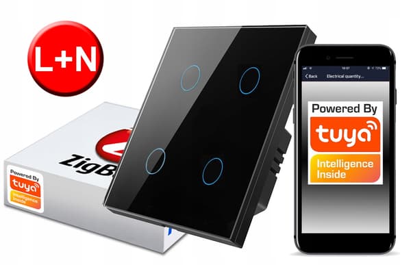 ZigBee TUYA Touch-afbryder 4-kreds sort# L+N