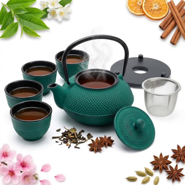 Gjutjärnsvattenkokare 1,5 l teinfuser 4 koppar 5-delars set som present