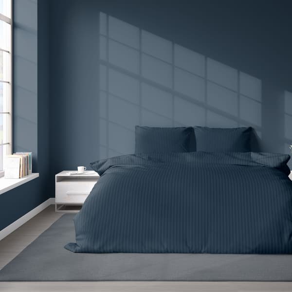 Satin Sengesæt 160x200 Glat med Premium Striber Blå