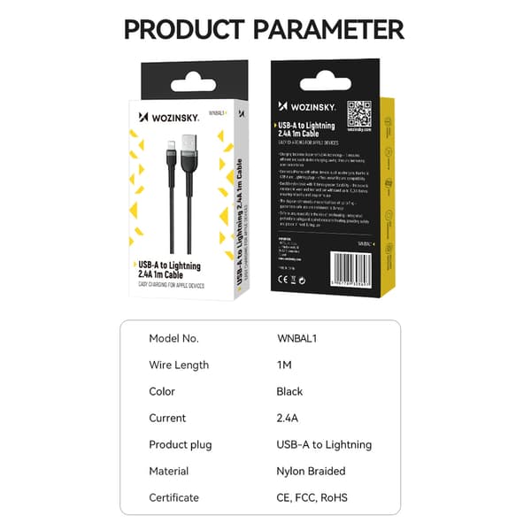 Kabel Wozinsky WNBAL1 USB-A / Lightning 2.4A 1 m - svart