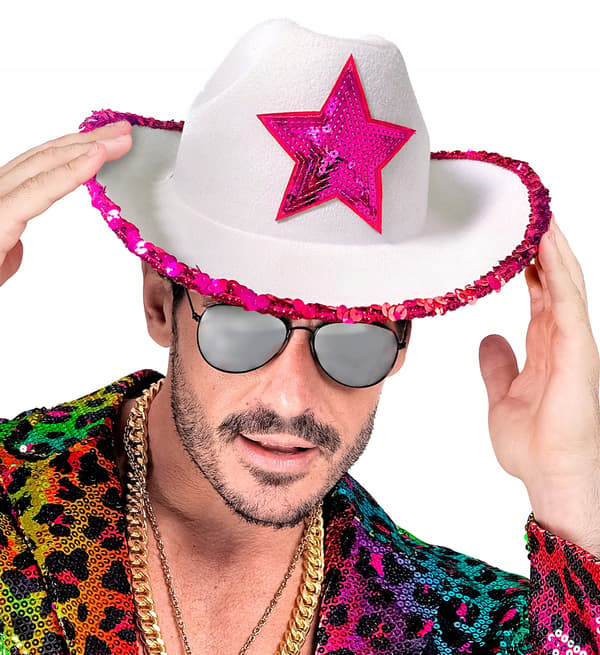 Hvid cowboyhat med lyserøde stjerne-pailletter til polterabend