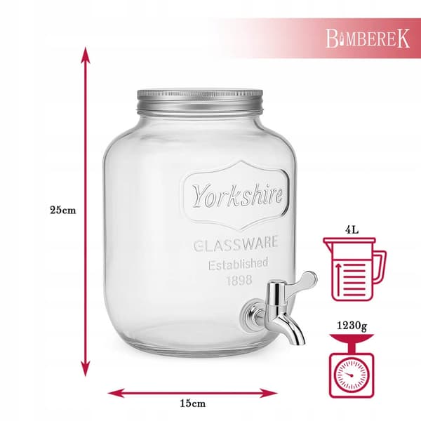 Glaskrukke med hane 4L med metallåg til limonadeglasdispenser