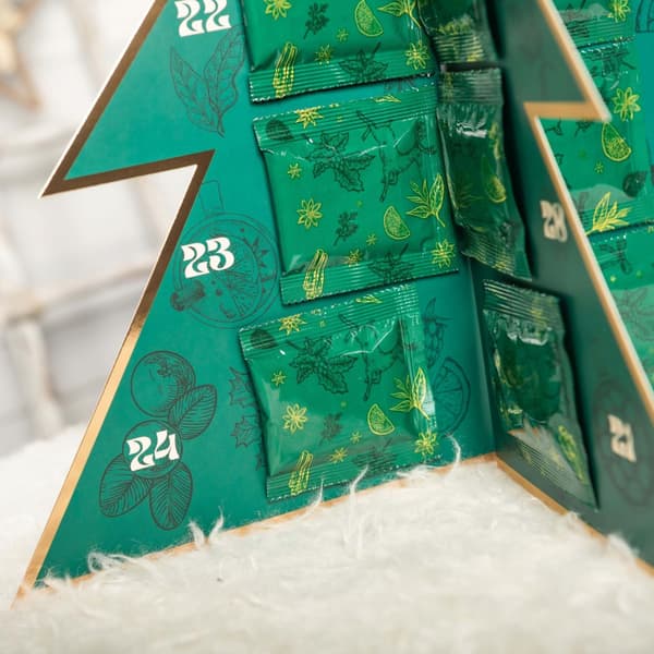 Adventskalender med te, stående 3D-julgran, julpresent