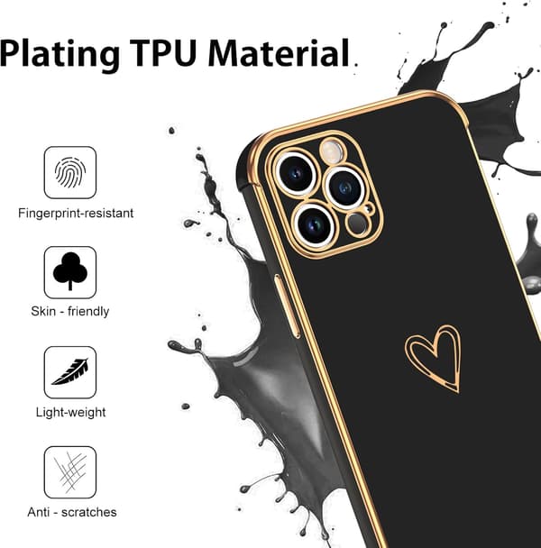 APPLE IPHONE 12 PRO SILIKONE ETUI SORT GULD RAMME HJERTE A2341