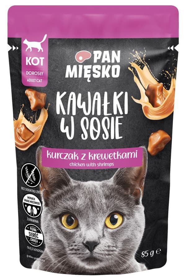 Mr. Meat | Fuld vådfoder til katte | Stykker i sovs - 85 g pose - Kylling med rejer 85 g