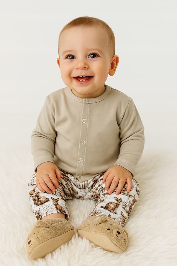 Barnpyjamas i bomull 86 med knapp för sjukhuset, BEIGE DEER