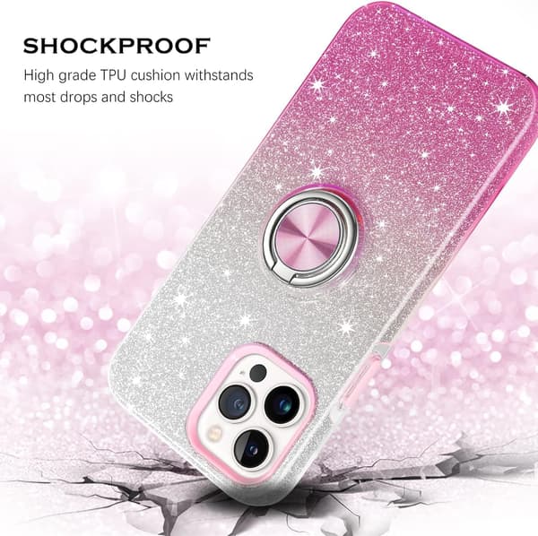 APPLE IPHONE 13 PRO ETUI PINK GLITTER OMBRE RINGSTAND A2483