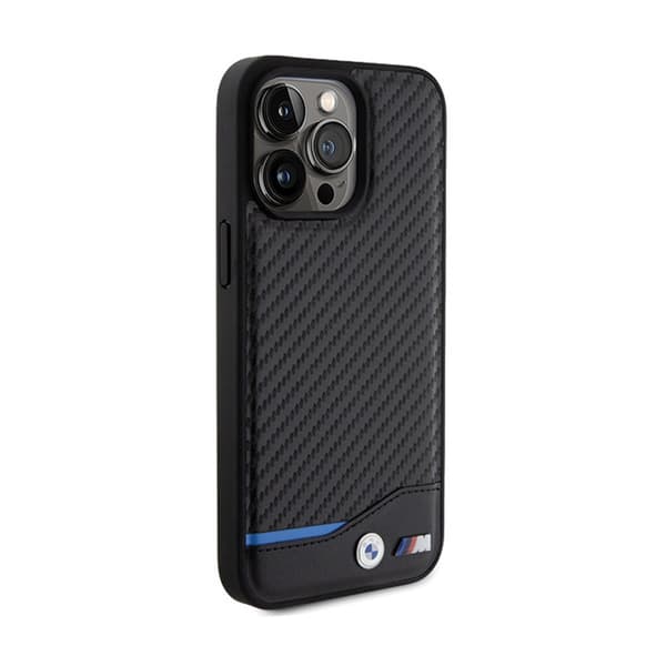 BMW Læder Carbon Blue Line - iPhone 15 Pro Max Etui (Sort)