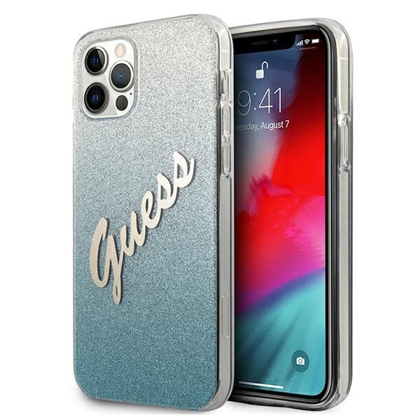 Guess GUHCP12LPCUGLSBL iPhone 12 Pro Max 6.7 sininen/sininen kovakuori Glitter Gradient Script