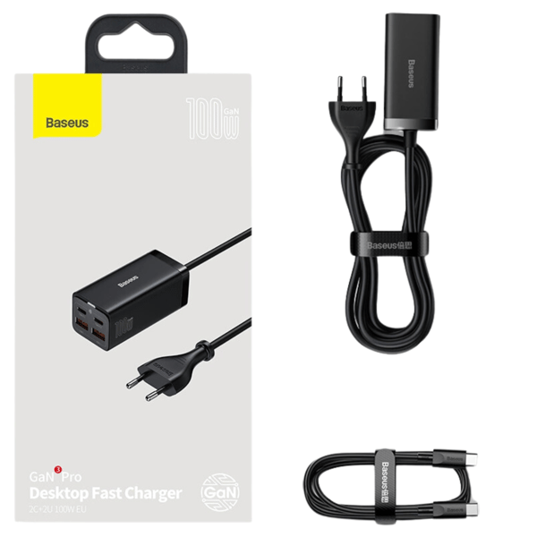 Baseus GaN3 Pro 2xUSB-C + 2xUSB Vægoplader, 100W (Sort)
