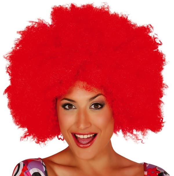 CLOWN Peruk Röd AFRO Lockar DISCO 80-tal