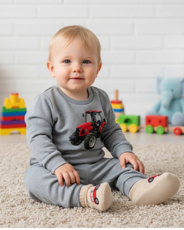 BARNPYJAMAS 86 för POJKAR 100% bomull TRACTOR gråmelerad