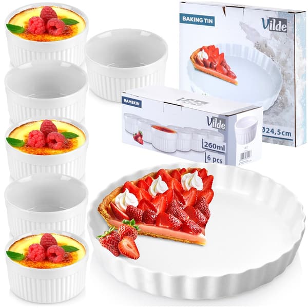 Pajform + bakskålar, keramik, vit, 7 st.