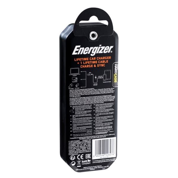 Energizer HardCase - Biloplader 2x USB-A 17W 3.4A + Lightning-kabel MFi-certificeret (sort)