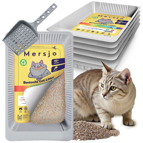 5x Engångs kattlåda, bentonit kattsand pH-kontroll med bricka 5x2,7l + 5x skopa