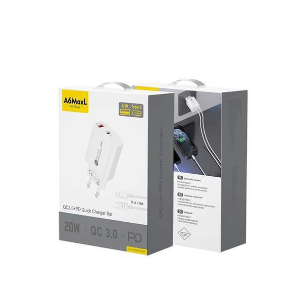 A6MaxL 20W USB-A USB-C vægoplader med 1m USB-C - Lightning-kabel - Hvid