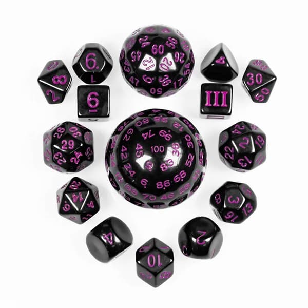 RPG terninger sort og lilla sæt med 15 terninger