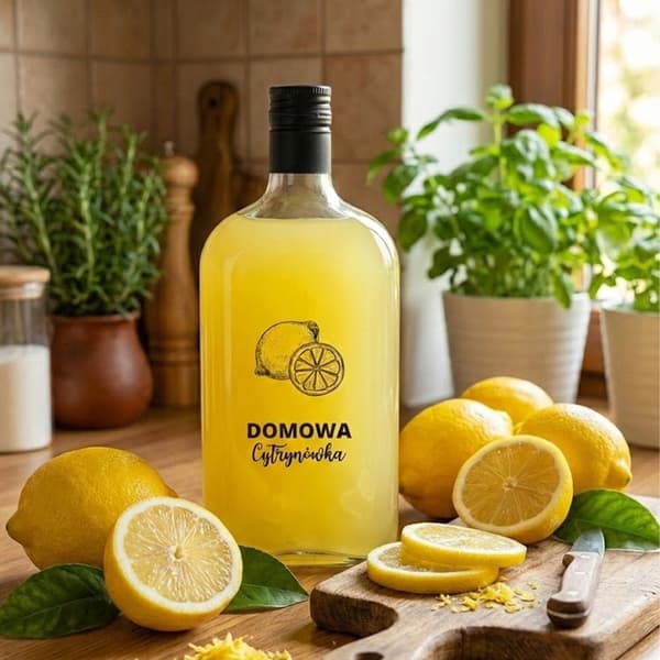 Klassisk 500 ml flaska med tryck av hemlagad citronvodka