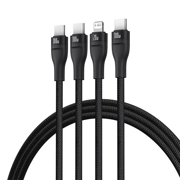 Kabel 3w1 Baseus Flash Series 3 100W USB-C - USB-C+USB-C+Lightning 1,5m + 3 x 0,25 m - sort
