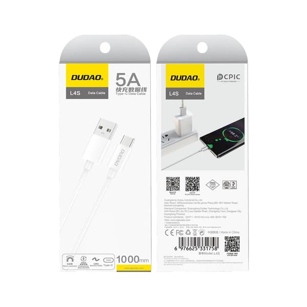 Dudao L4ST USB-A / USB-C 5A -kaapeli 1m - Valkoinen
