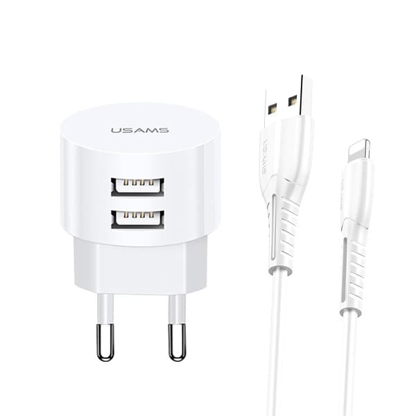 USAMS Laddare 2xUSB T20 2.1A blixtvit/vit rund Snabbladdning XTXLOGT1804