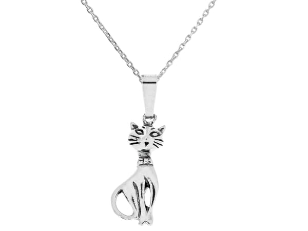 Lang oxideret sølvhalskæde til kvinder med kat killing sølv 80 cm