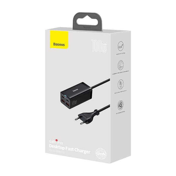 Baseus GaN3 Pro 2xUSB-C + 2xUSB Väggladdare, 100W (Svart)