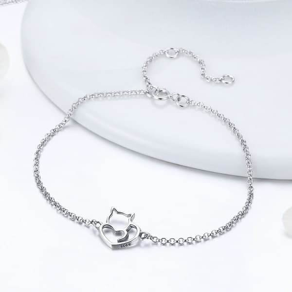 Silverarmband med hjärtformad katt, silver 925