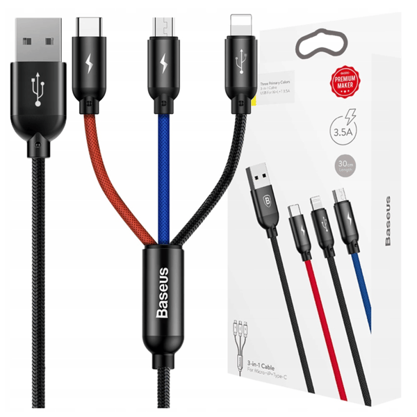 Baseus 3in1 USB-kaapeli USB-C / Lightning / Micro 3.5A 0.3m (Musta)