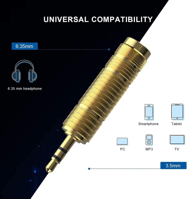 JACK-ADAPTER 3,5 mm TIL 6,35 mm STEREO AUX-ADAPTER GULD