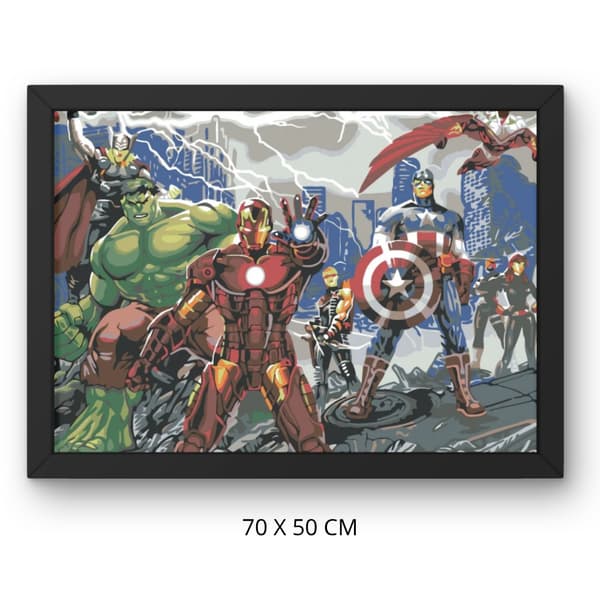 Mal efter nummer billede med ramme Avengers in Action 70x50cm