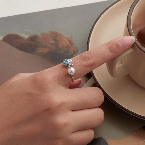 Justerbar sølvskildpadde-ring med perle, 925 sølv