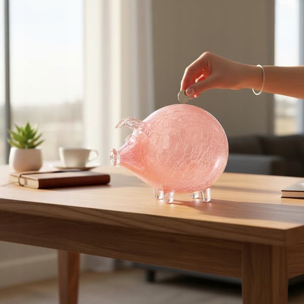 Lyserød sparegris, bulende, stor, glas, revnet, bryllupsgave
