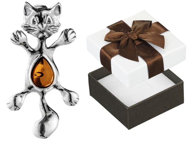 Silverkatthänge med oxiderad bärnsten Damhänge Katt Silver