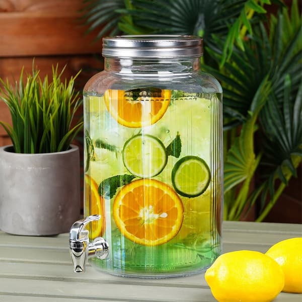 Glas drikkebeholder med hane 6,2 l + 12 stk. 200 ml glas