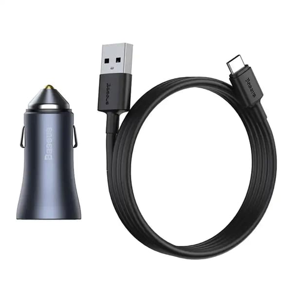 Baseus Golden Contactor Pro biloplader, 2x USB, 40W (grå) + USB til USB-C kabel 1m (sort)