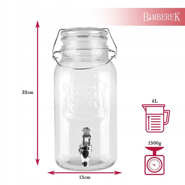 BURK med kran 4L glas för lemonad, juice, vatten, bröllopsvattendispenser