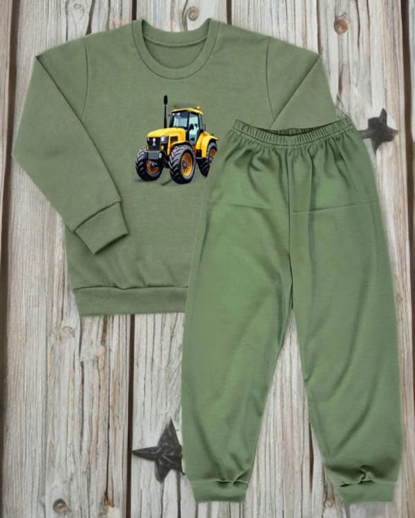 Barnträningsoverall 86 tvådelad BOMULL 100% tryck TRACTOR OLIVE