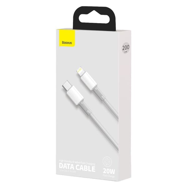 Baseus High Density Braided USB-C - Lightning -kaapeli, 20W, PD, 2m (valkoinen)